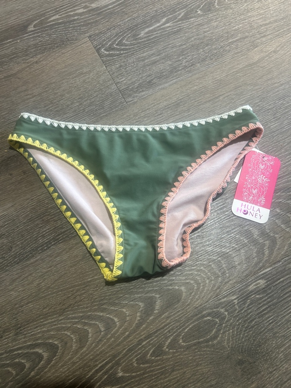 Hula Honey Olive Bikini Bottom Embroidered Trim Swimsuit Separates Medium 4/25